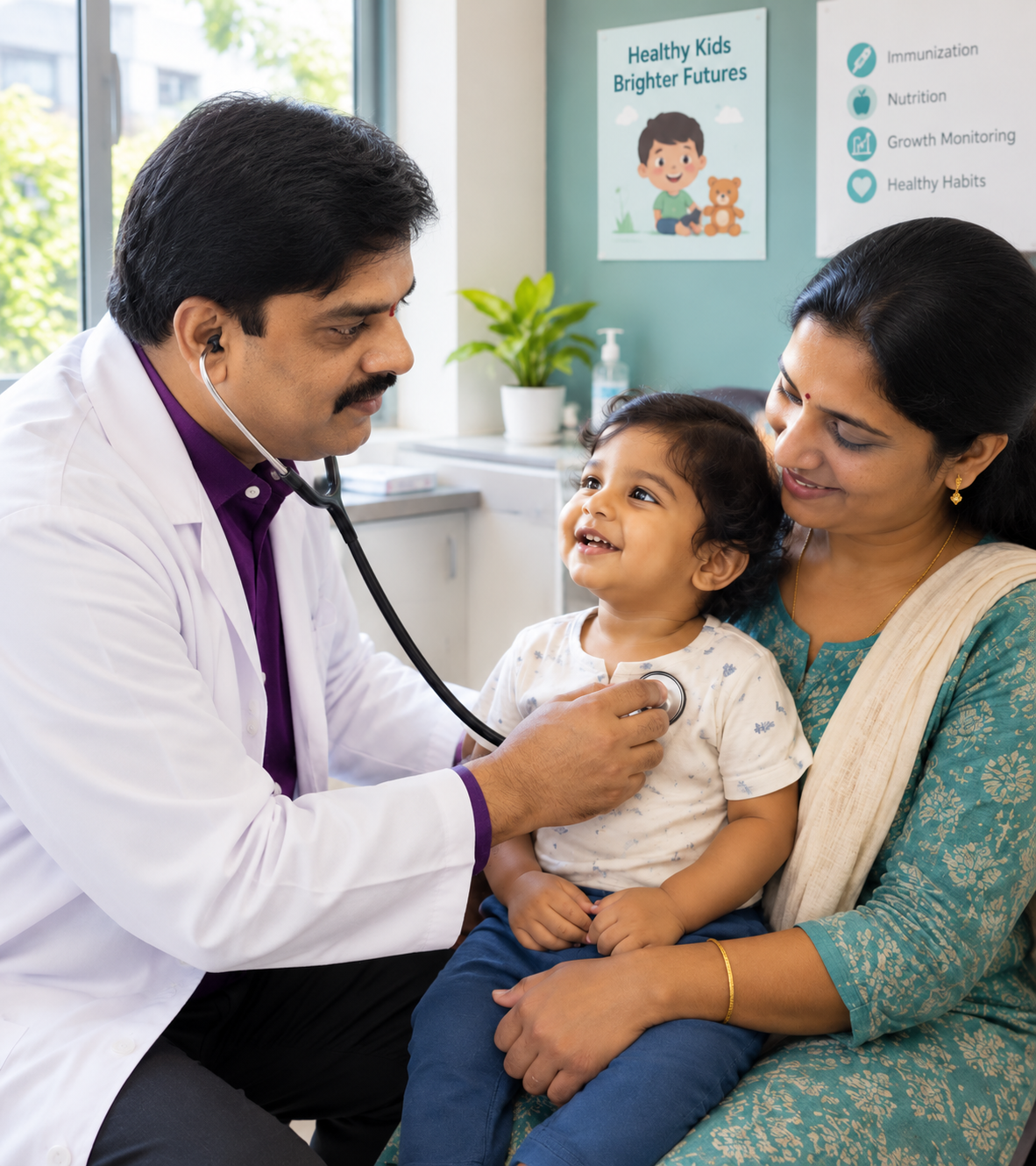 Dr. B Nandeesh examining a child with stethoscope at Chethana Child Clinic